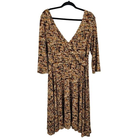 Vintage Slinky Stretch Faux Wrap Dress XL Brown Geometric Gathered Waist Mod USA - Picture 10 of 11